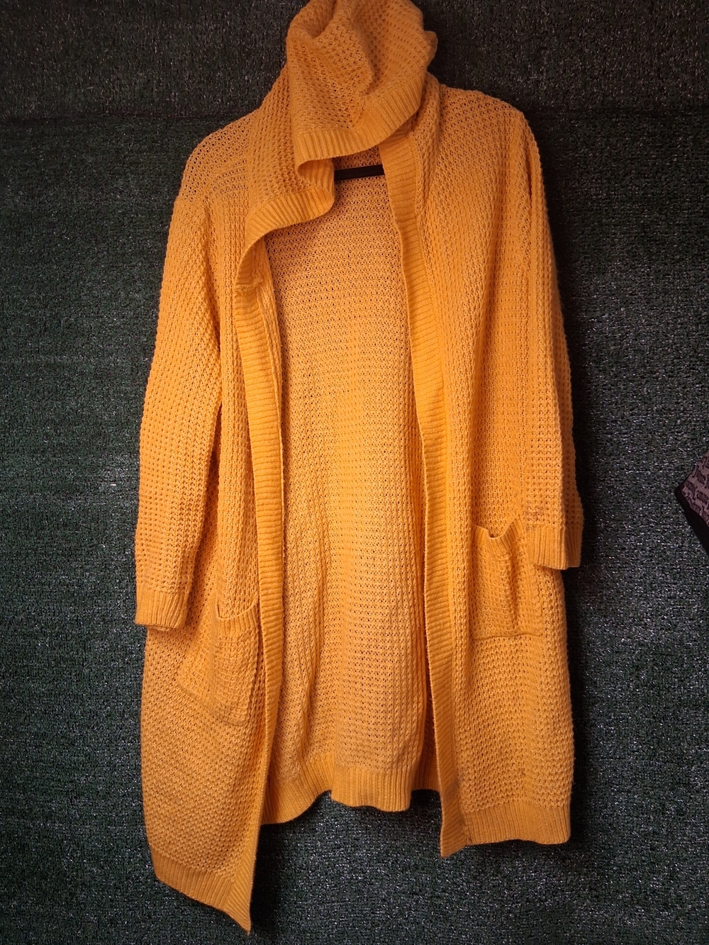 Open-Front Mustard Yellow Knit Cardigan with Pockets
